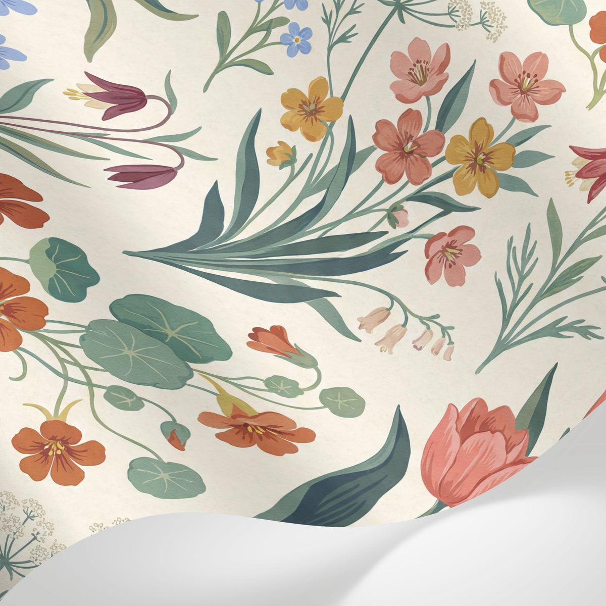 Papier peint panoramique prairie fleurs - Tulipes iris lupins capucines motifs botaniques fond crème et multicolore sur mesure - Matière