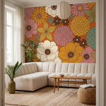 papier peint vintage fleurs dahlias cosmos pivoines graphiques annees 70 fond or-VARIANTE-9