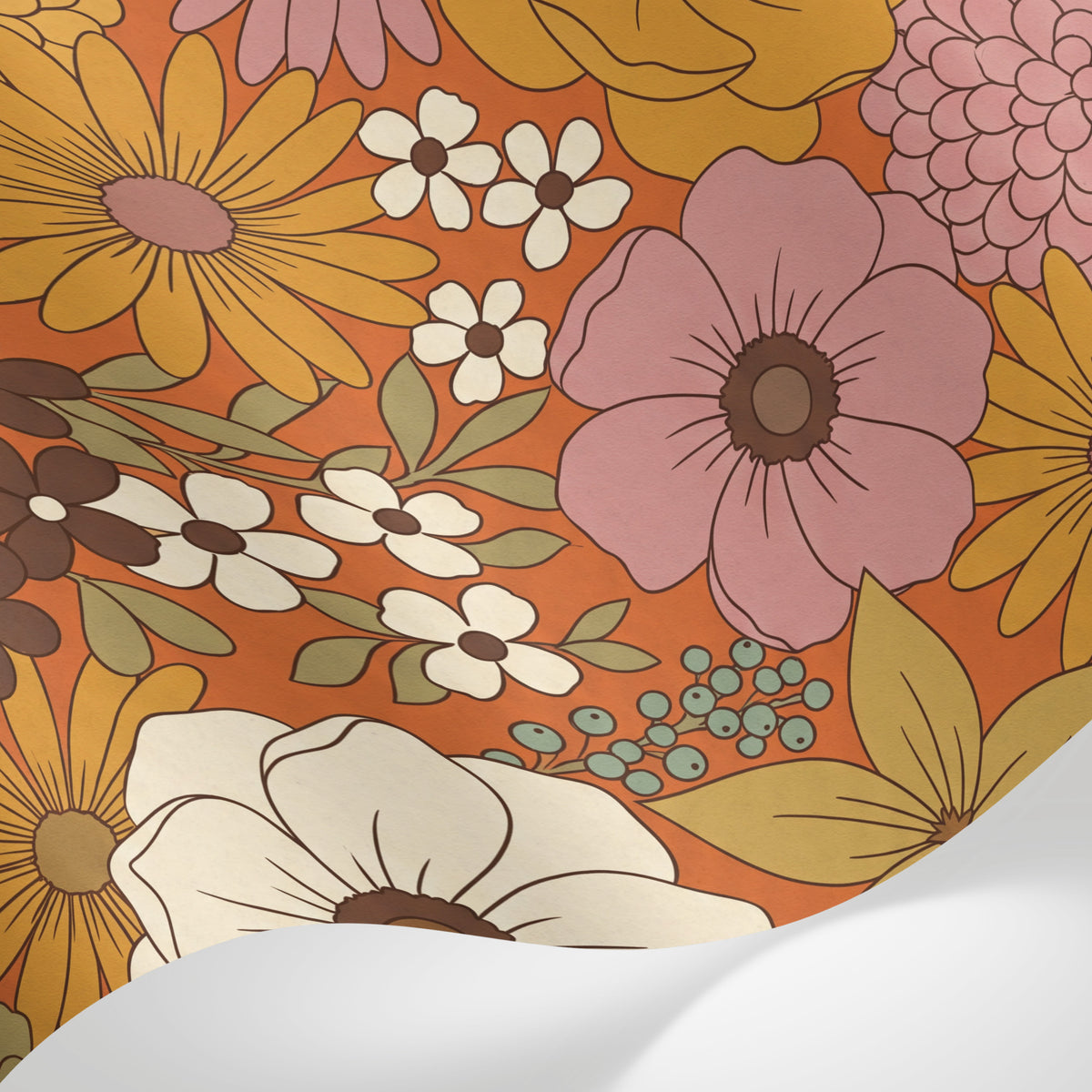 Papier peint panoramique vintage fleurs - Dahlias cosmos pivoines graphiques années 70 fond orange terracotta sur mesure - Matière