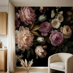 papier peint vintage fleurs pivoines roses dahlias creme tulipes striees fond no-1