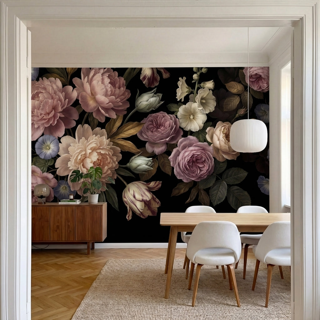 papier peint vintage fleurs pivoines roses dahlias creme tulipes striees fond no-6