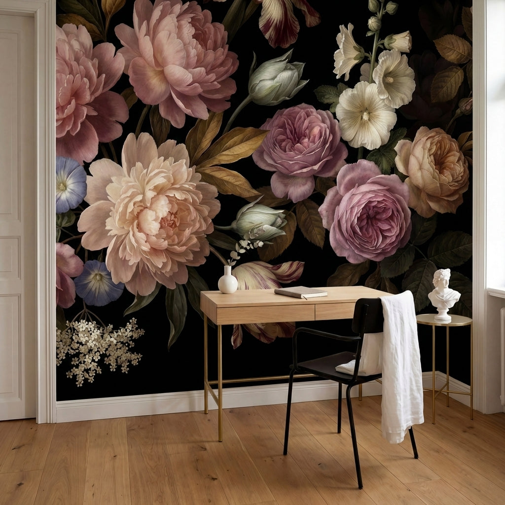 papier peint vintage fleurs pivoines roses dahlias creme tulipes striees fond no-8