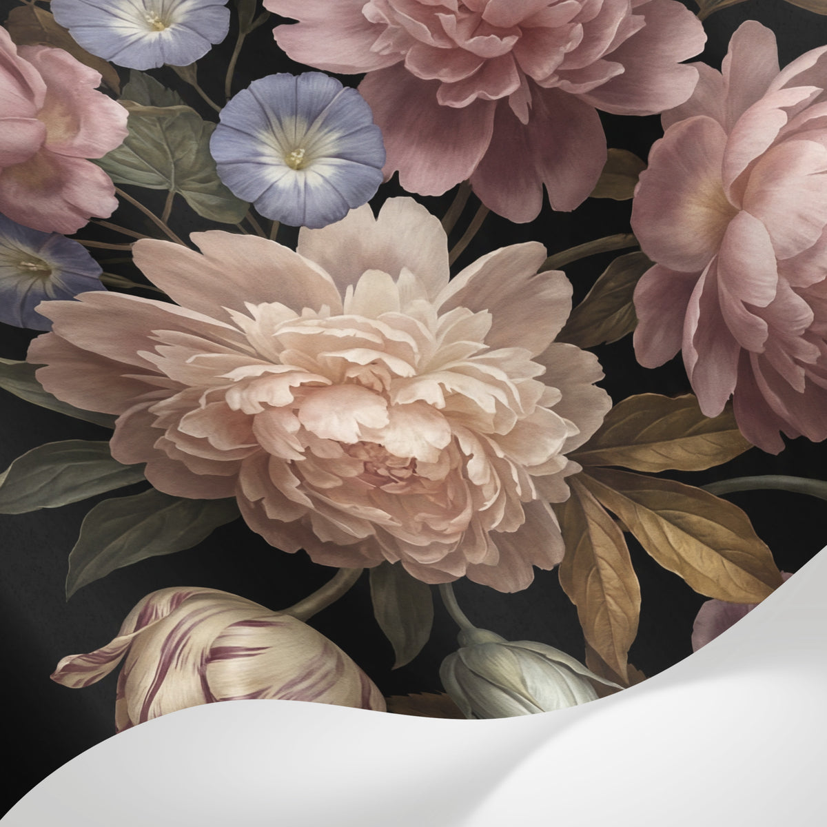 Papier peint panoramique vintage fleurs - Pivoines roses dahlias crème tulipes striées fond noir profond sur mesure - Matière