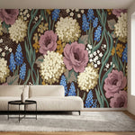 papier peint vintage fleurs pivoines roses hydrangeas bleuets muscaris fond brun-3