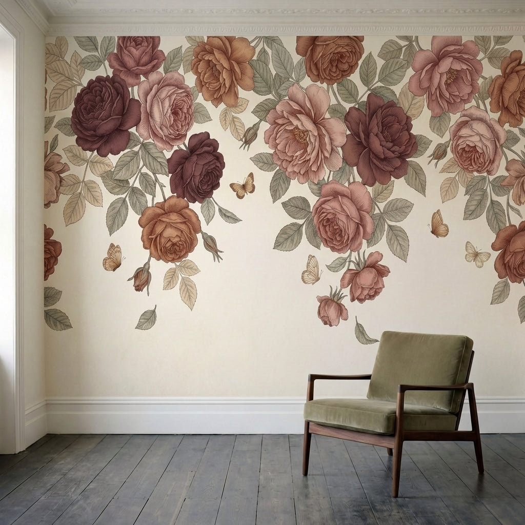 papier peint vintage fleurs roses pivoines papillons motifs repetitifs fond beig-3