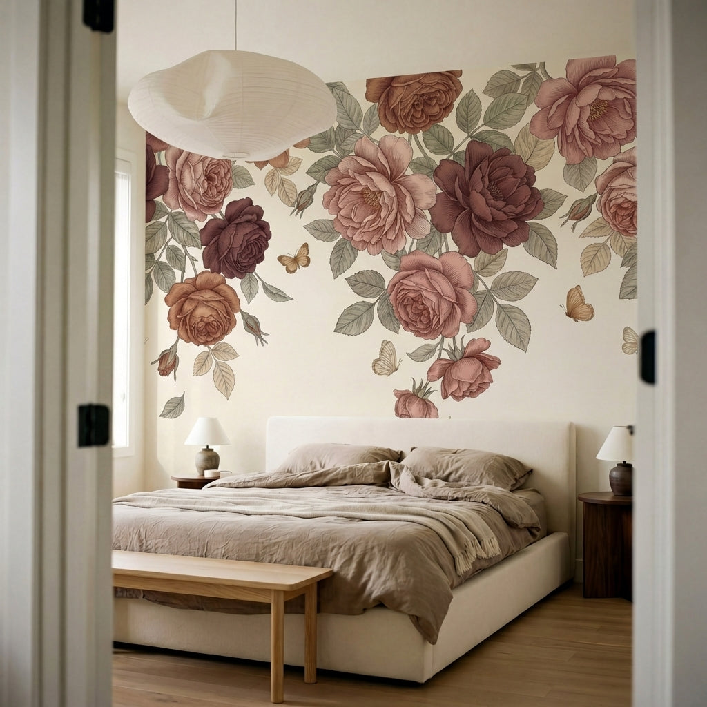 papier peint vintage fleurs roses pivoines papillons motifs repetitifs fond beig-6