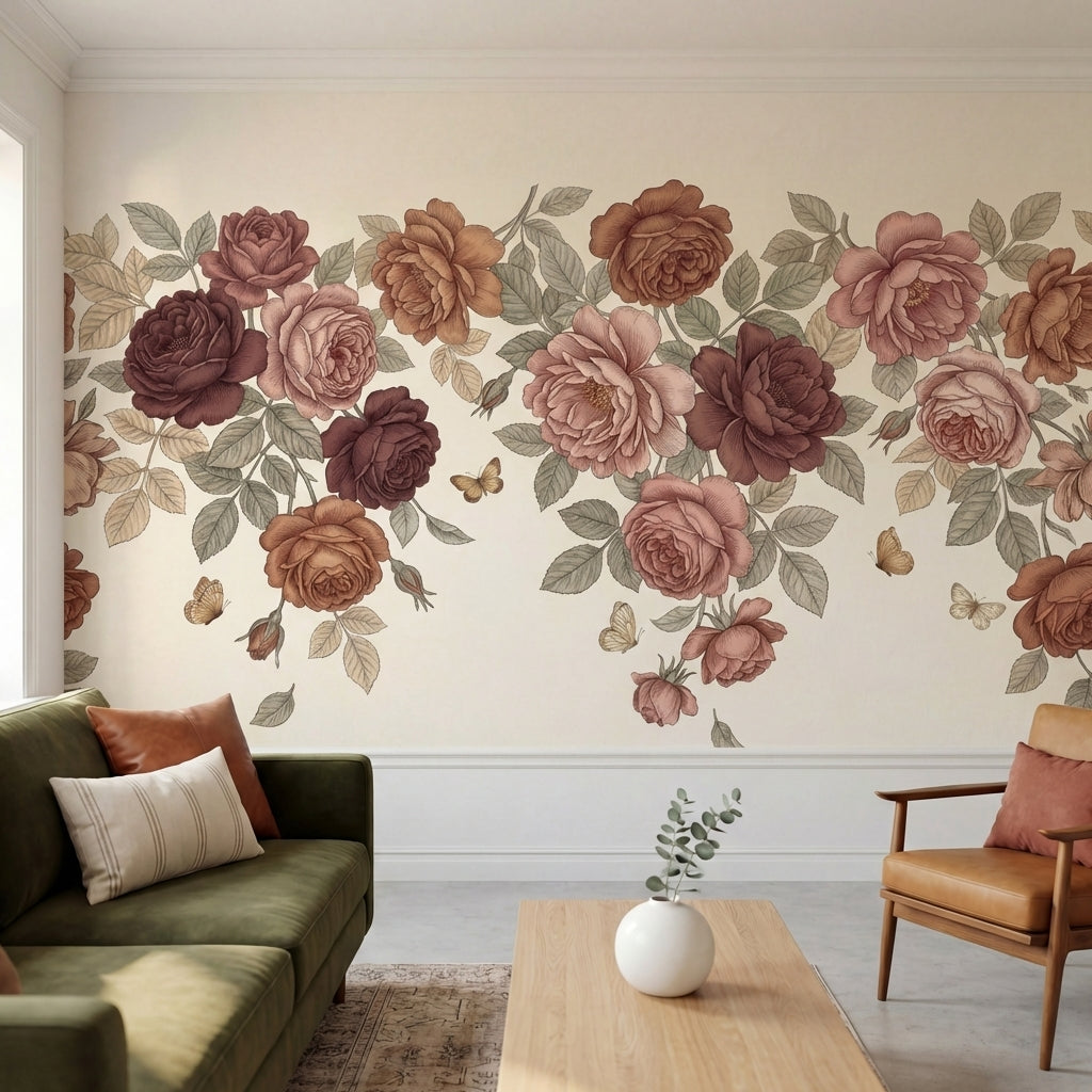 papier peint vintage fleurs roses pivoines papillons motifs repetitifs fond beig-HERO-9